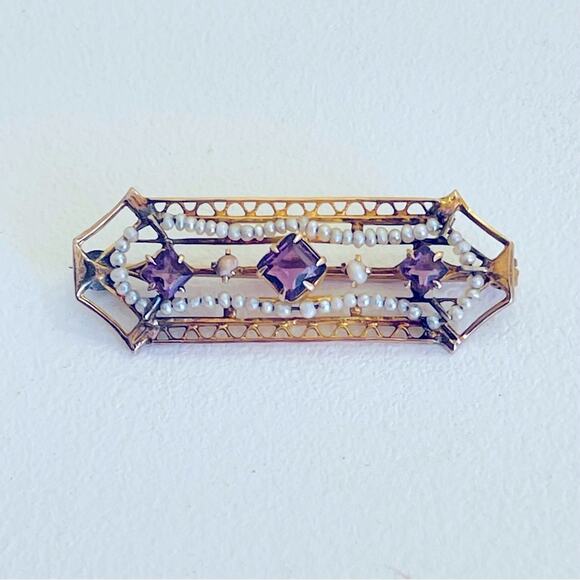 Ostby & Barton Jewelry - 10k Gold Pearl Amethyst Antique Bar Pin Brooch Ostby Barton 1920s Art Deco Edwar